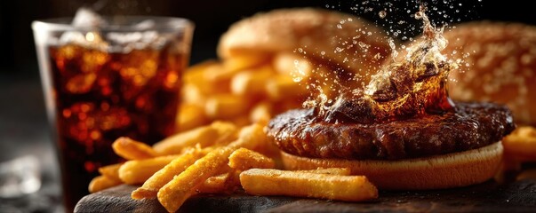 Soda overload fast food with sugar, and salt mix concept. Delicious burger with fries and soda, perfect for your meal cravings.