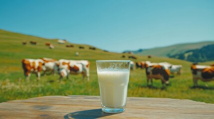 Fresh milk from pitcher into the glass with grass field and cows with a natural background,fresh milk ad template banner,Cows live on natural pastures, packaging with milk packs concept.
