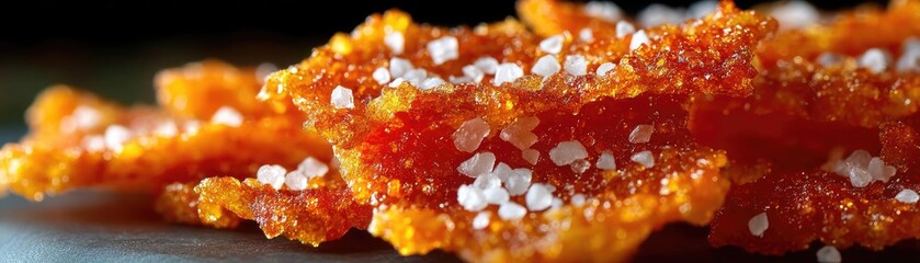 Greasy bites snack with taste and salt overload concept. Delicious, crispy bacon with a sprinkle of sea salt on top.
