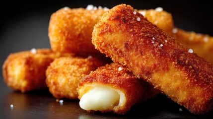 Greasy bites snack with taste and salt overload concept. Crispy cheese sticks with a golden crust and melty interior.