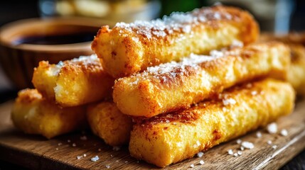 Greasy bites snack with taste and salt overload concept. Delicious crispy fried snacks served with a rich dipping sauce.