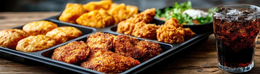 Processed meals contain greasy calories and salty soda taste concept. Delicious fried snacks served with a refreshing drink on a table.