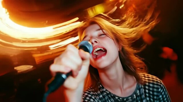 Young woman singing into microphone