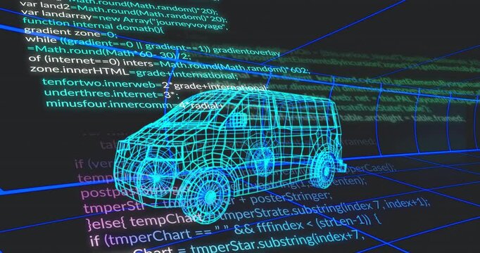 As code lines scrolling from edges initiating view shift, van model moving through grid tunnel
