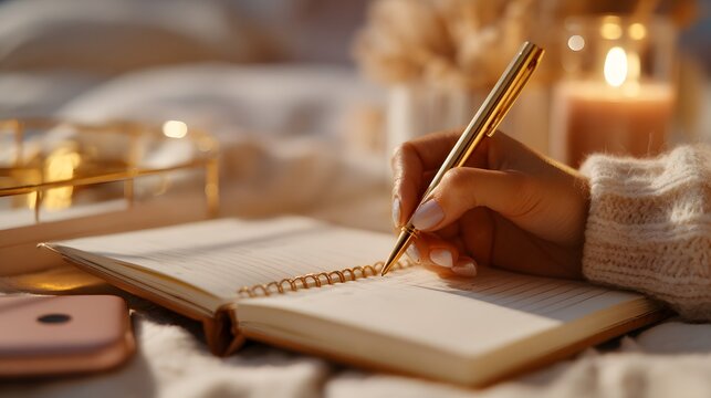 Cozy Evening Journaling: Capturing Thoughts with a Golden Pen in a Warm Ambiance - Powered by Adobe
