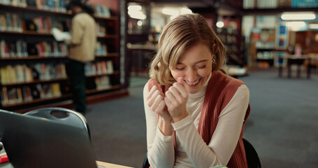 Student, success and laptop with woman in library for application approval, excited and college. Scholarship award, university announcement and online results with person on campus for good news