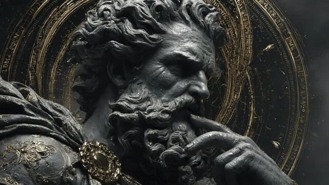 Dark and mysterious artistic render of a philosopher statue contemplating the universe