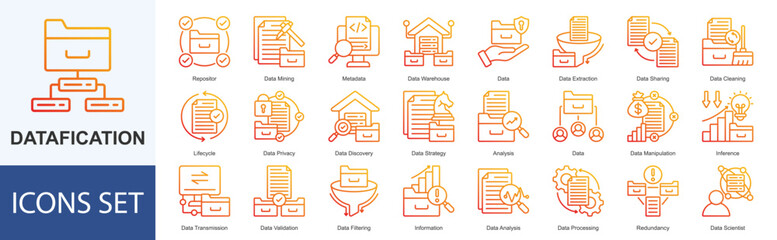 Datafication icon set vector Outline Gradient Style repositor, data mining, metadata, data warehouse, data, data extraction, data sharing, data cleaning, lifecycle, data privacy, data discovery