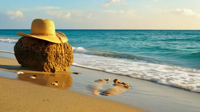 Gentle ocean waves wash over footprints in the sand, with a sunhat resting nearby on a rock as the breeze flows through in a peaceful seaside loop.