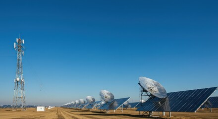 Solar Panel Array and Communication Tower in Sunny Field Under Clear Blue Sky