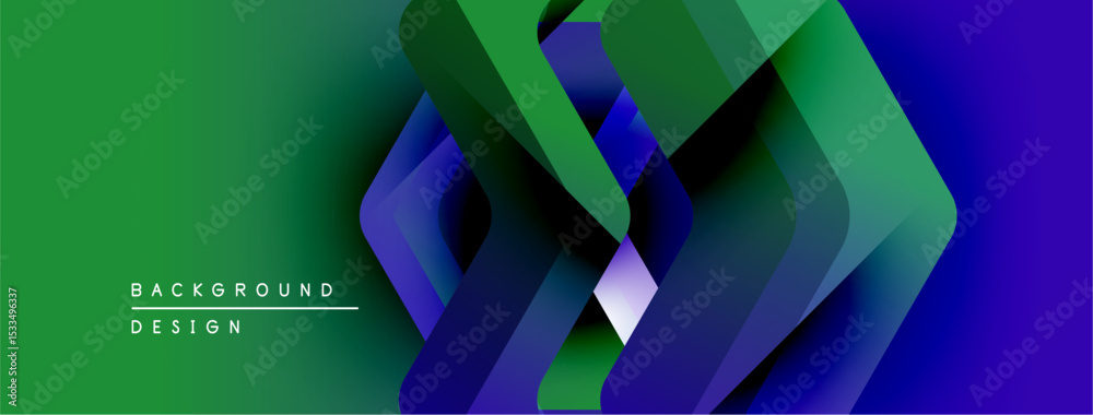 Poster Abstract gradient layers create dynamic visual flow. Green transitions to purple, forming modern background design. Smooth shapes overlap.