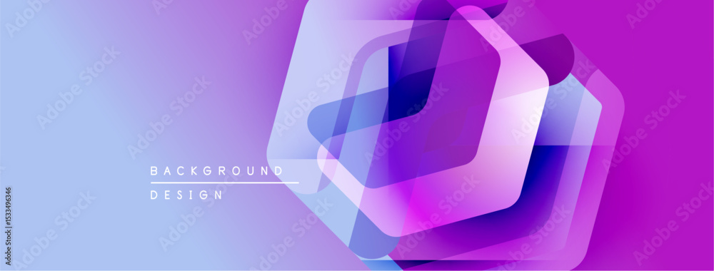 Poster abstract geometric shapes overlap, creating vibrant purple, pink hues. background features gradient,