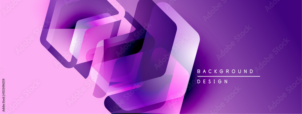 Poster abstract geometric shapes overlap, creating vibrant purple, pink gradient. modern design element for