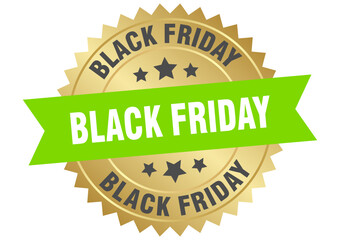 black friday. black friday round green and gold label isolated on transparent background