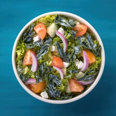 Chopped Greek Salad in White Bowl on Turquoise Background