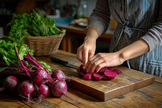 close up of woman's hands preparing fresh beets for cooking
