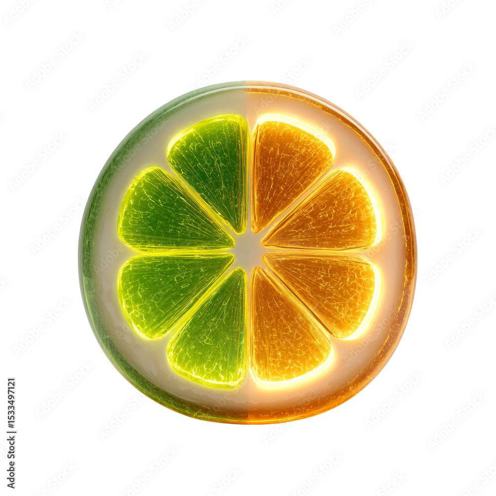 Poster vibrant citrus cross-section with luminous division on a clean background
