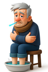Vibrant 3D Render of an Ailing Old Man - Home Remedies & Sickness Graphic, Cartoon Male Patient Feeling Unwell with Scarf and Hot Water Soak