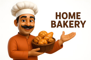 Smiling Male Baker with Moustache Holding Fresh Breads - Home Bakery & Artisan Pastry Icon