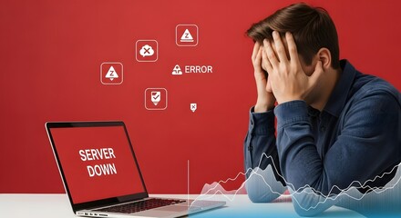Man with head in hands looking at laptop screen showing server down message on red background