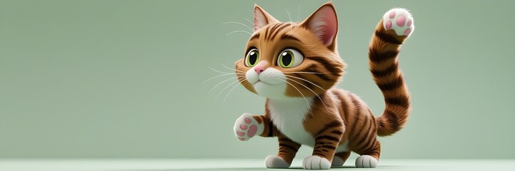 3D Brown Tabby Cat Side View Illustration – Vibrant Colors & Light Green Background

