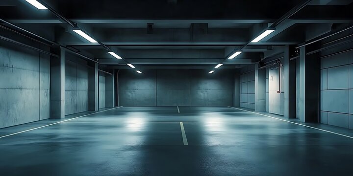 
The basement room on the bottom floor of the building's parking lot is empty in an industrial cast concrete style. Abstract modern minimal background

