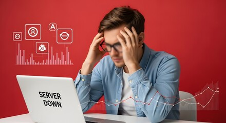 Man with hands on head looking at laptop with server down message on red background