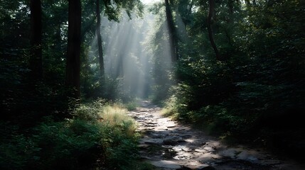 Naklejka premium Peaceful forest trail with sunlight filtering through the trees