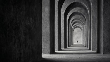 A solitary figure walks through a series of arched passages.