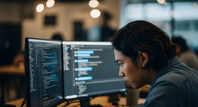 Man focused on dual monitors displaying code in office environment with colleagues around