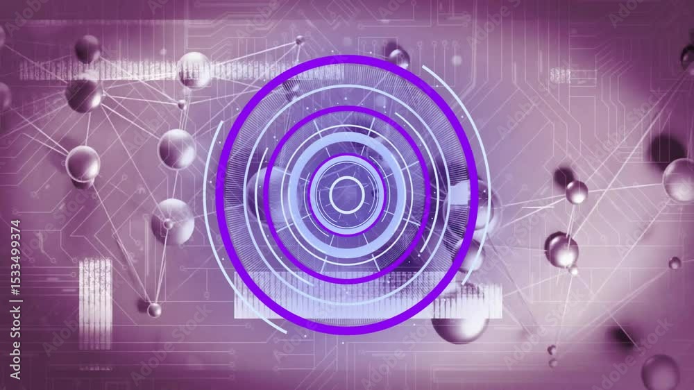 Poster rings appearing on mauve circuit rotating glowing linking spheres into network with pulsing bars