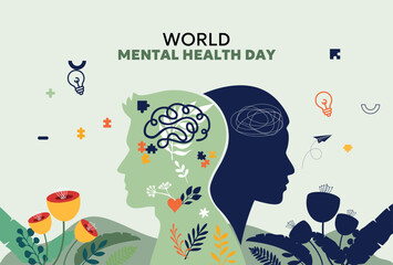 World Mental Health Day, Mental Health Cards. Your mental health is a priority. World Mental Health day, concept design with abstract human head profile, flowers, leaves and open door. Concept design.