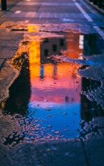 sunset reflection, city puddle, urban sunset, wet sidewalk, colorful puddle, street reflection, rainy evening, glowing sky, moody cityscape, abstract reflection