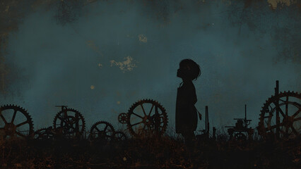 sad child at dark mechanical  background ,World Day Against Child Labour/ Child rights child abuse/ violence/ human trafficking Illegal child labour social issue concept image