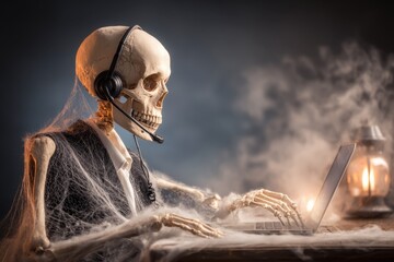 Vintage Skeleton in Office Attire with Headset Works on Laptop Surrounded by Cobwebs