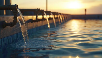 Fototapeta premium Desalination Concept at Sunset with Water Flow into Blue Pool