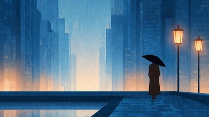 A solitary figure walks under an umbrella in a rainy urban landscape.