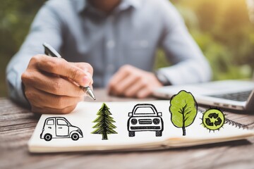 Person Signing Document with Digital Sketches of Nature and Vehicles on a Wooden Desk