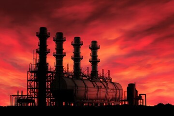 Silhouette of Combined Cycle Power Plant at Dusk with Dramatic Red and Orange Clouds in the Sky