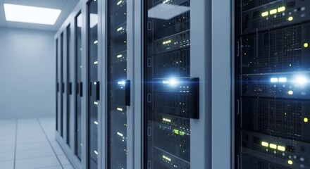 Perspective view of server racks with blinking lights in a data center environment