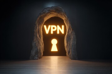 A cave entrance with a keyhole and the word VPN written on it
