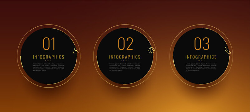 three step business workflow infographic banner with golden touch