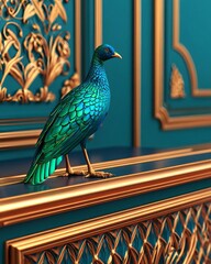 A vibrant, ornamental bird perched elegantly on a decorative surface.