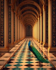 A majestic peacock elegantly walking through a grand corridor.