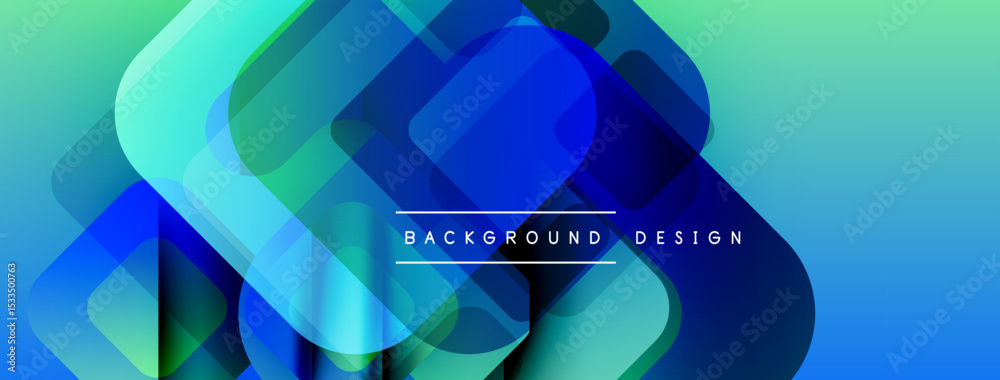 Poster Abstract geometric shapes overlap. Blue, green gradients create modern background. Text reads background design. Smooth transitions visible.
