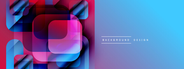 Abstract geometric shapes overlap, creating vibrant gradient effect. Blue, pink, purple hues dominate design. Modern, stylish background.