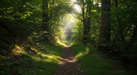 Obraz premium Sunlight Filtering Through Green Forest Trees Along Narrow Pathway