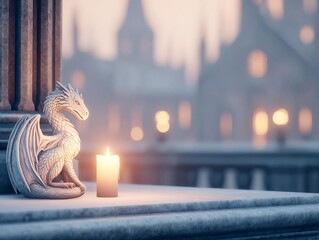 A serene dragon statue beside a glowing candle in soft light.
