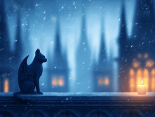 A mystical cat statue against a snowy, dark castle backdrop.