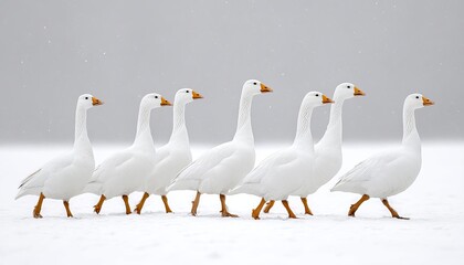 A group of white geese walking elegantly in the snow.